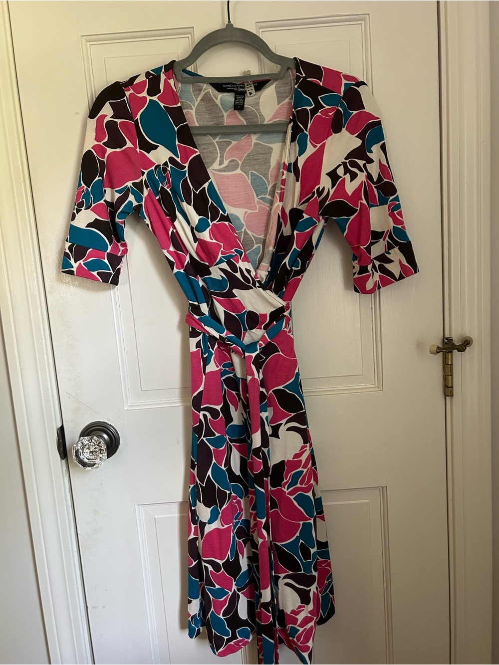Diane Von Furstenberg Pink, Teal & Black Floral Silk Wrap Dress